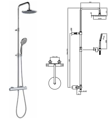 FIORE MISCELATORE TERMOSTATICO DOCCIA ESTERNO CON COLONNA E SOFFIONE IN OTTONE Ø250 mm DOCCETTA IDROMASSAGGIO CROMO
