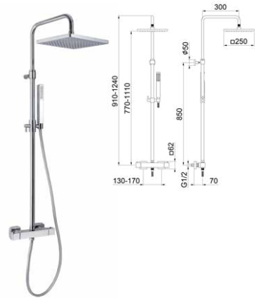FIORE KUBE MISCELATORE TERMOSTATICO DOCCIA ESTERNO CON COLONNA TELESCOPICA, SOFFIONE QUADRO ABS 200X200 MM E DOCCETTA MONOGETTO