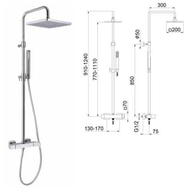 FIORE KUBE MISCELATORE DOCCIA ESTERNO CON DEVIATORE INCORPORATO, VERSIONE COMPLETA DI COLONNA TELESCOPICA, SOFFIONE 200X200 MM E DOCCETTA MONOGETTO