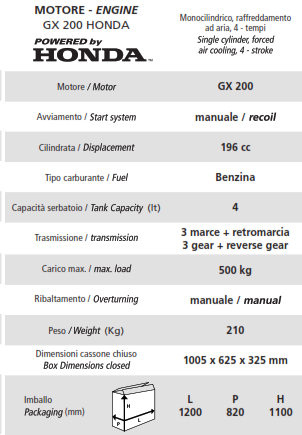 MOTOCARRIOLA CINGOLATA SFH 500 W-I MOTORE 4 TEMPI