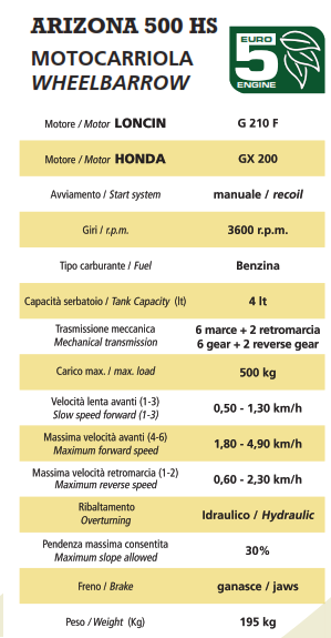 MOTOCARRIOLA BENZINA ARIZONA 500-HS  MOTORE LONCIN
